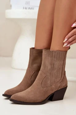 Zamszowe Botki Kowbojki Damskie Na Słupku Ocieplane Khaki Dylira