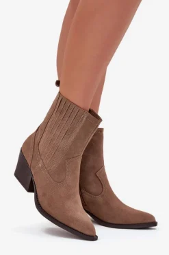 Zamszowe Botki Kowbojki Damskie Na Słupku Ocieplane Khaki Dylira