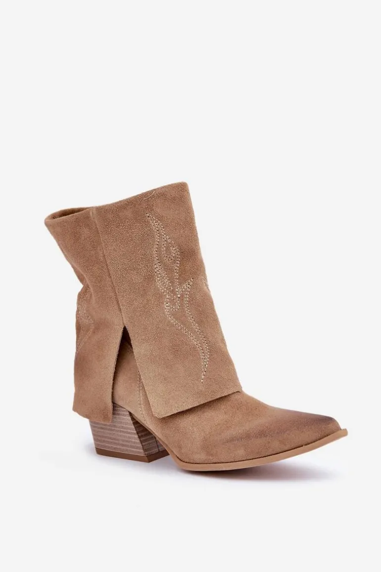 Zamszowe Botki Kowbojki Na Słupku Z Wywiniętą Cholewką Zazoo 3488 Beżowe