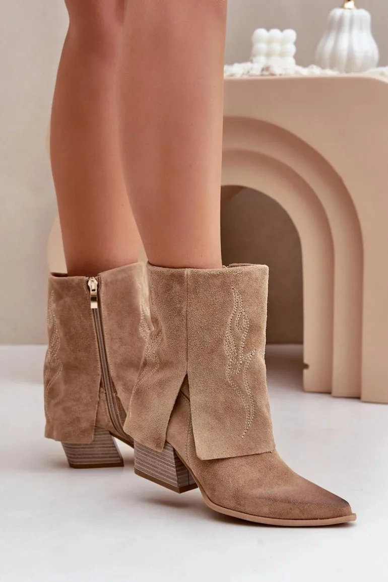 Zamszowe Botki Kowbojki Na Słupku Z Wywiniętą Cholewką Zazoo 3488 Beżowe