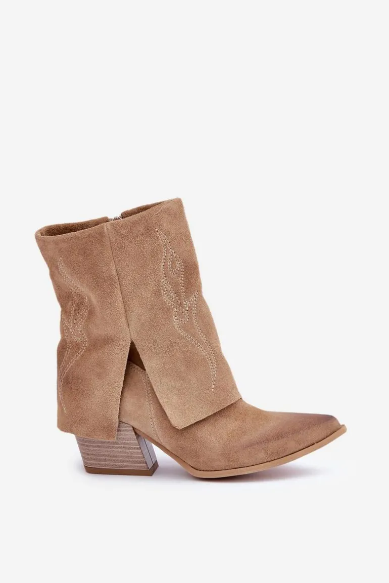 Zamszowe Botki Kowbojki Na Słupku Z Wywiniętą Cholewką Zazoo 3488 Beżowe