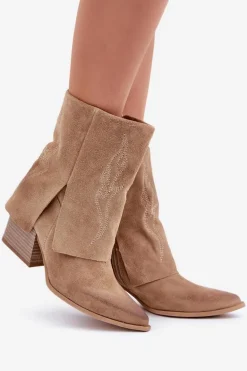 Zamszowe Botki Kowbojki Na Słupku Z Wywiniętą Cholewką Zazoo 3488 Beżowe