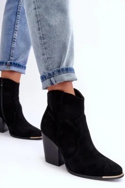 Zamszowe Botki Kowbojki Na Obcasie Czarne Lotoune