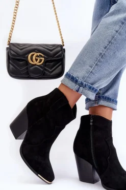 Zamszowe Botki Kowbojki Na Obcasie Czarne Lotoune