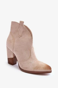 Zamszowe Botki Kowbojki Na Słupku Jasnobeżowe Tanner