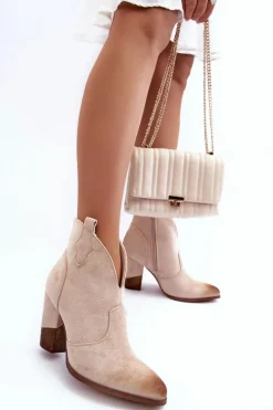 Zamszowe Botki Kowbojki Na Słupku Jasnobeżowe Tanner