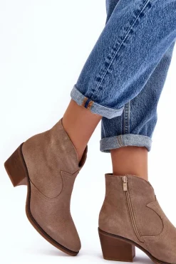 Zamszowe Botki Kowbojki Na Suwak D&A SN622-29 Ciemnobeżowe