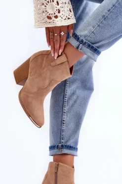 Zamszowe Botki Kowbojki Na Obcasie Beżowe Lotoune