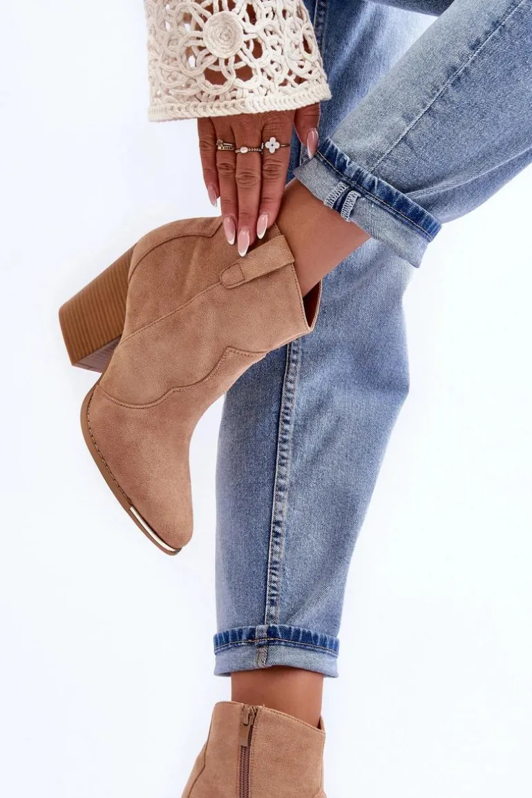 Zamszowe Botki Kowbojki Na Obcasie Beżowe Lotoune