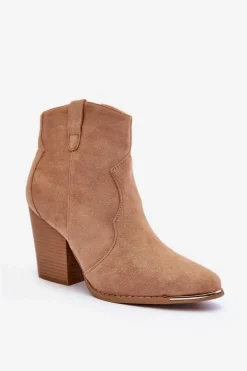 Zamszowe Botki Kowbojki Na Obcasie Beżowe Lotoune