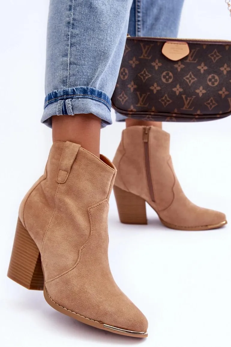 Zamszowe Botki Kowbojki Na Obcasie Beżowe Lotoune
