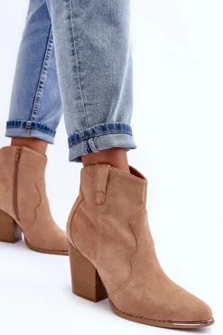 Zamszowe Botki Kowbojki Na Obcasie Beżowe Lotoune