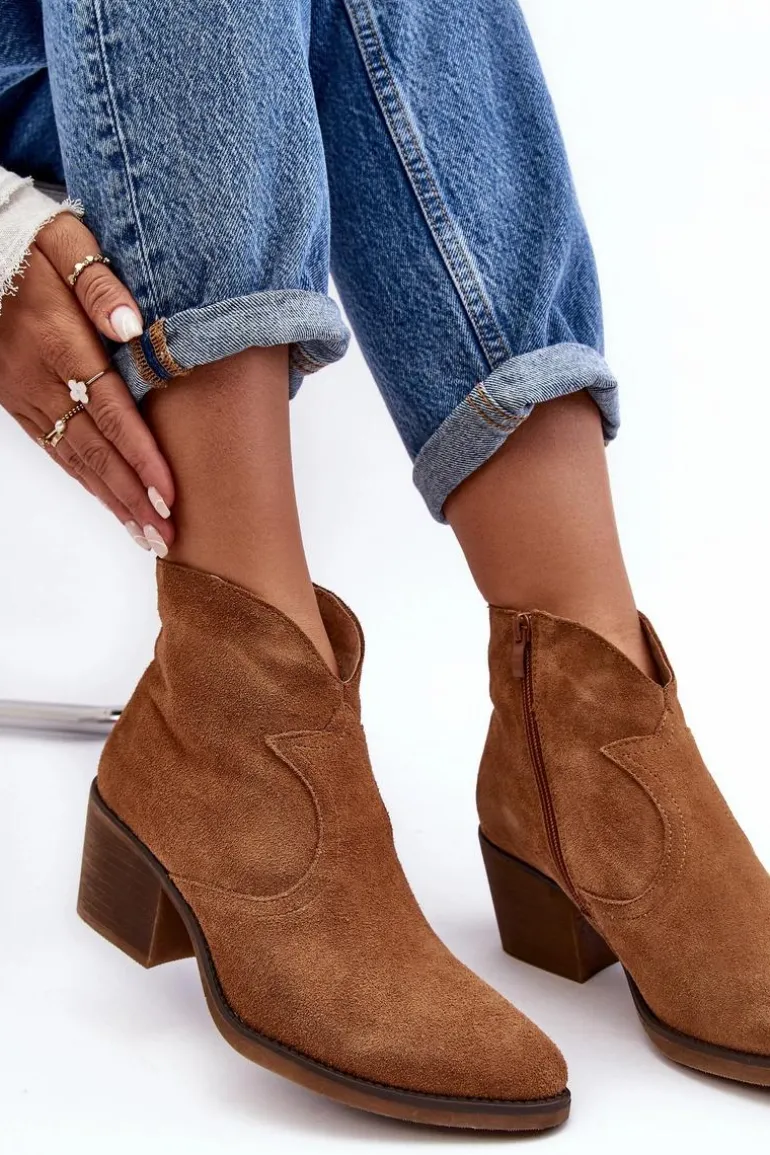 Zamszowe Botki Kowbojki Na Suwak D&A SN622-29 Camel