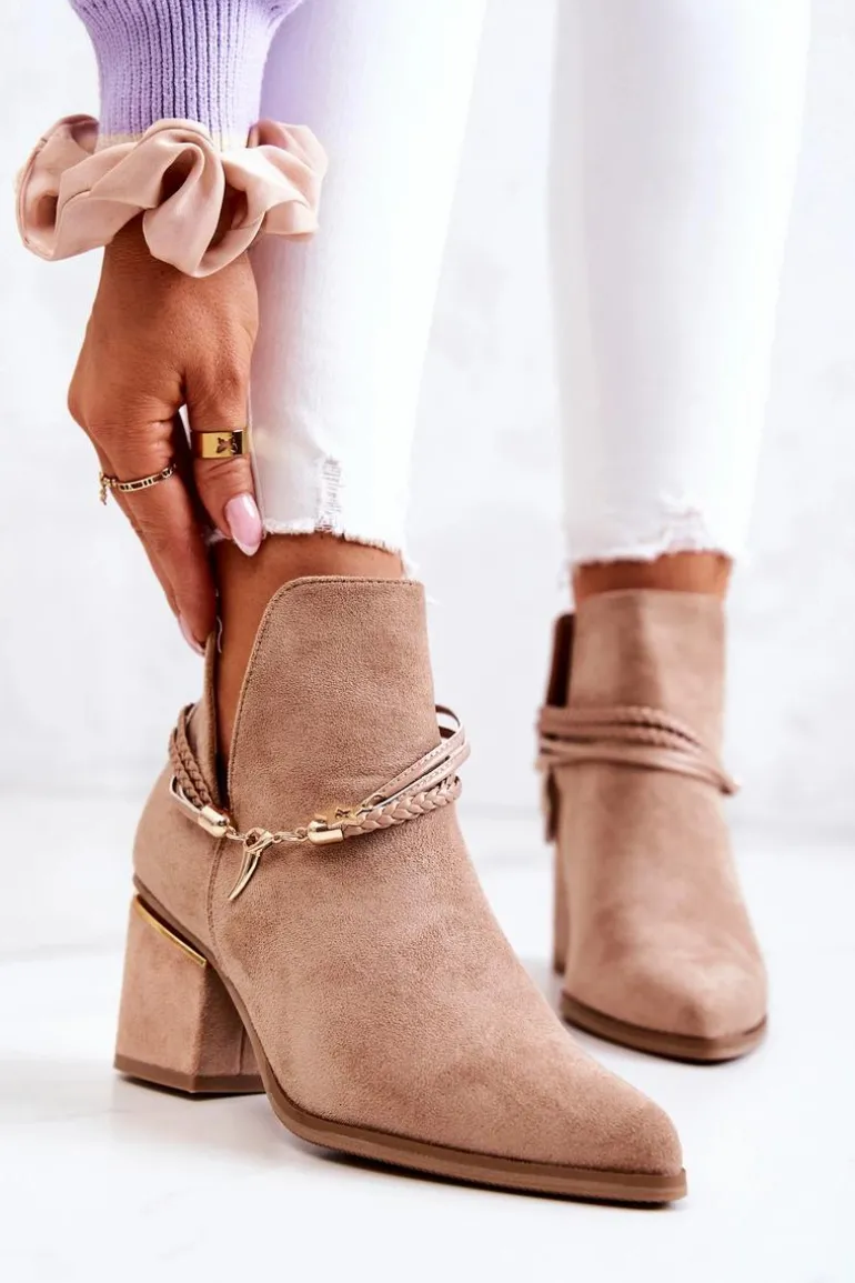 Zamszowe Botki Kowbojki Z Paskami Ciemnobeżowe Inessa