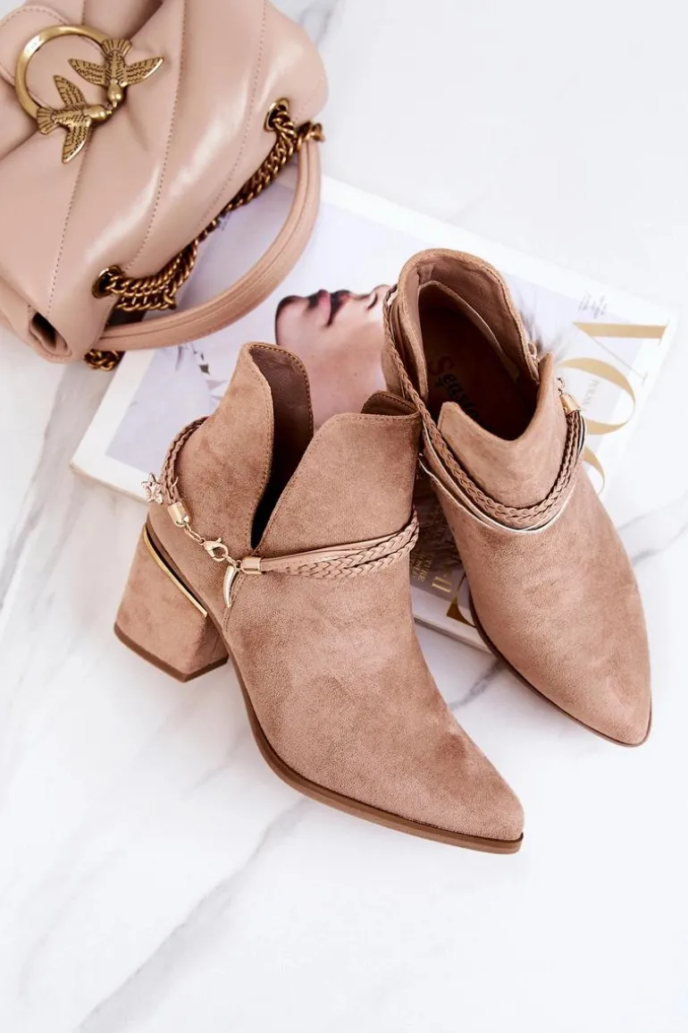 Zamszowe Botki Kowbojki Z Paskami Ciemnobeżowe Inessa