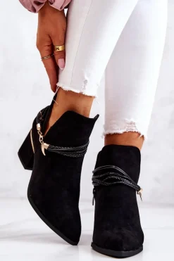 Zamszowe Botki Kowbojki Z Paskami Czarne Inessa