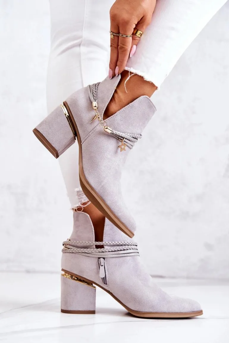 Zamszowe Botki Kowbojki Z Paskami Szare Inessa