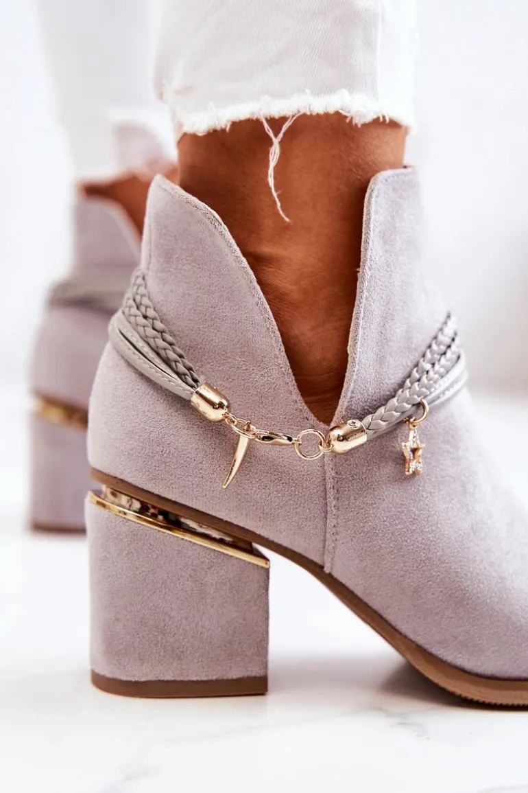 Zamszowe Botki Kowbojki Z Paskami Szare Inessa