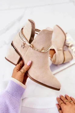 Zamszowe Botki Kowbojki Z Paskami Beżowe Inessa