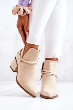 Zamszowe Botki Kowbojki Z Paskami Beżowe Inessa