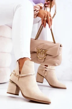 Zamszowe Botki Kowbojki Z Paskami Beżowe Inessa