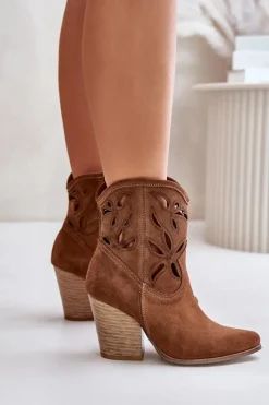 Zamszowe Botki Kowbojki Z Ażurowym Wzorem Lewski 3612 Brązowe
