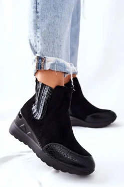 Zamszowe Botki Na Koturnie Czarne Manakel