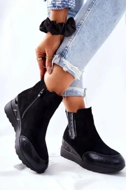 Zamszowe Botki Na Koturnie Czarne Manakel