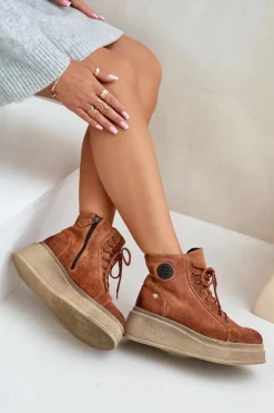 Zamszowe Botki Na Masywnej Platformie Maciejka 06309-29 Brązowe