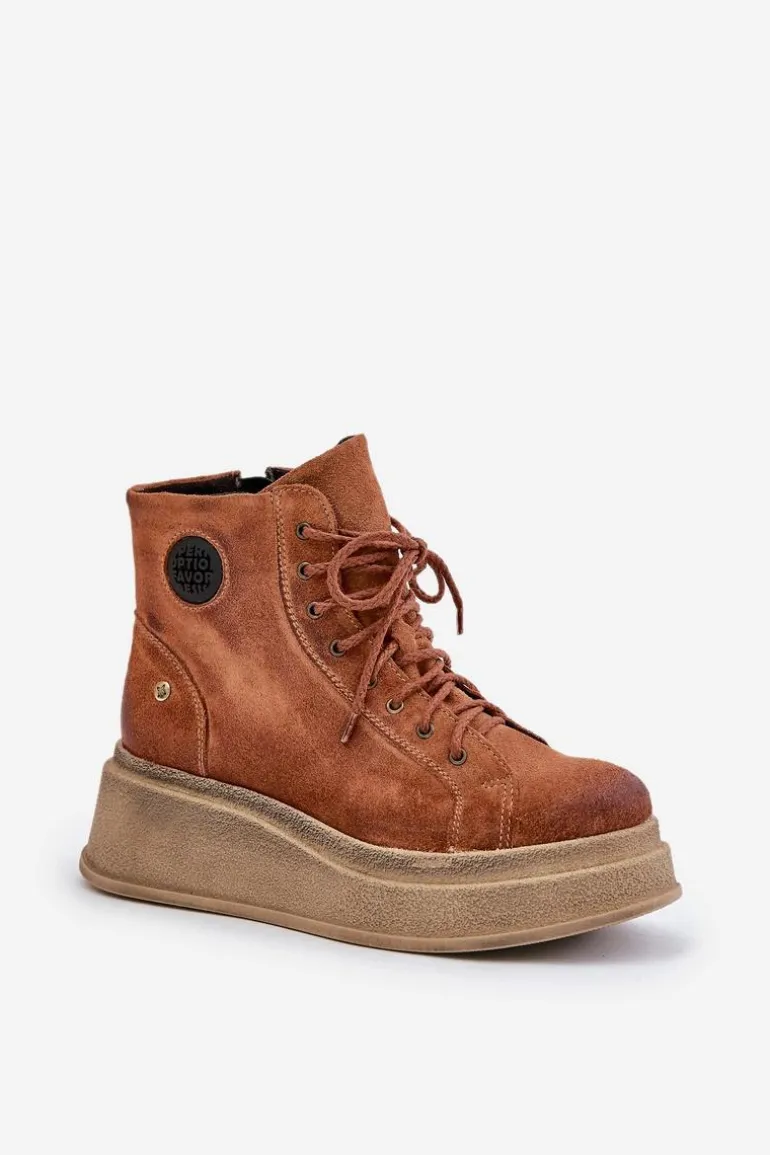 Zamszowe Botki Na Masywnej Platformie Maciejka 06309-29 Brązowe