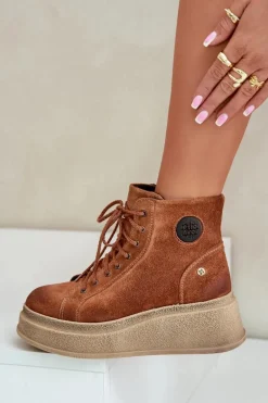 Zamszowe Botki Na Masywnej Platformie Maciejka 06309-29 Brązowe