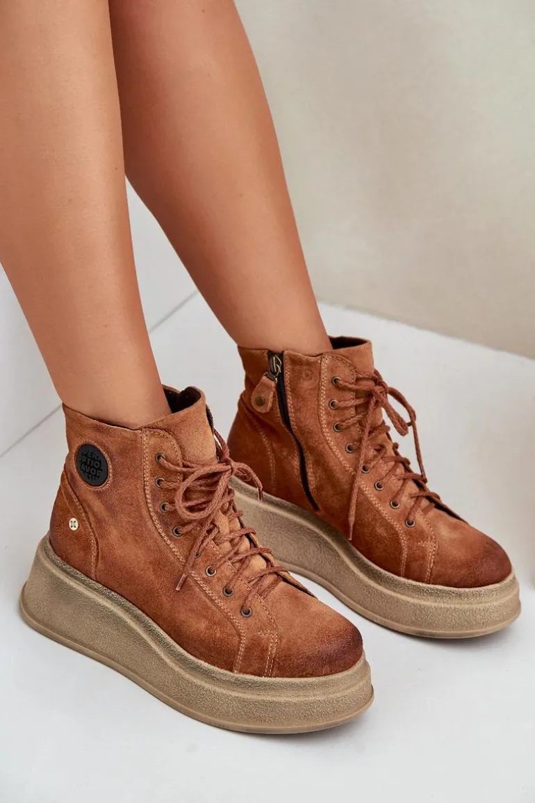 Zamszowe Botki Na Masywnej Platformie Maciejka 06309-29 Brązowe