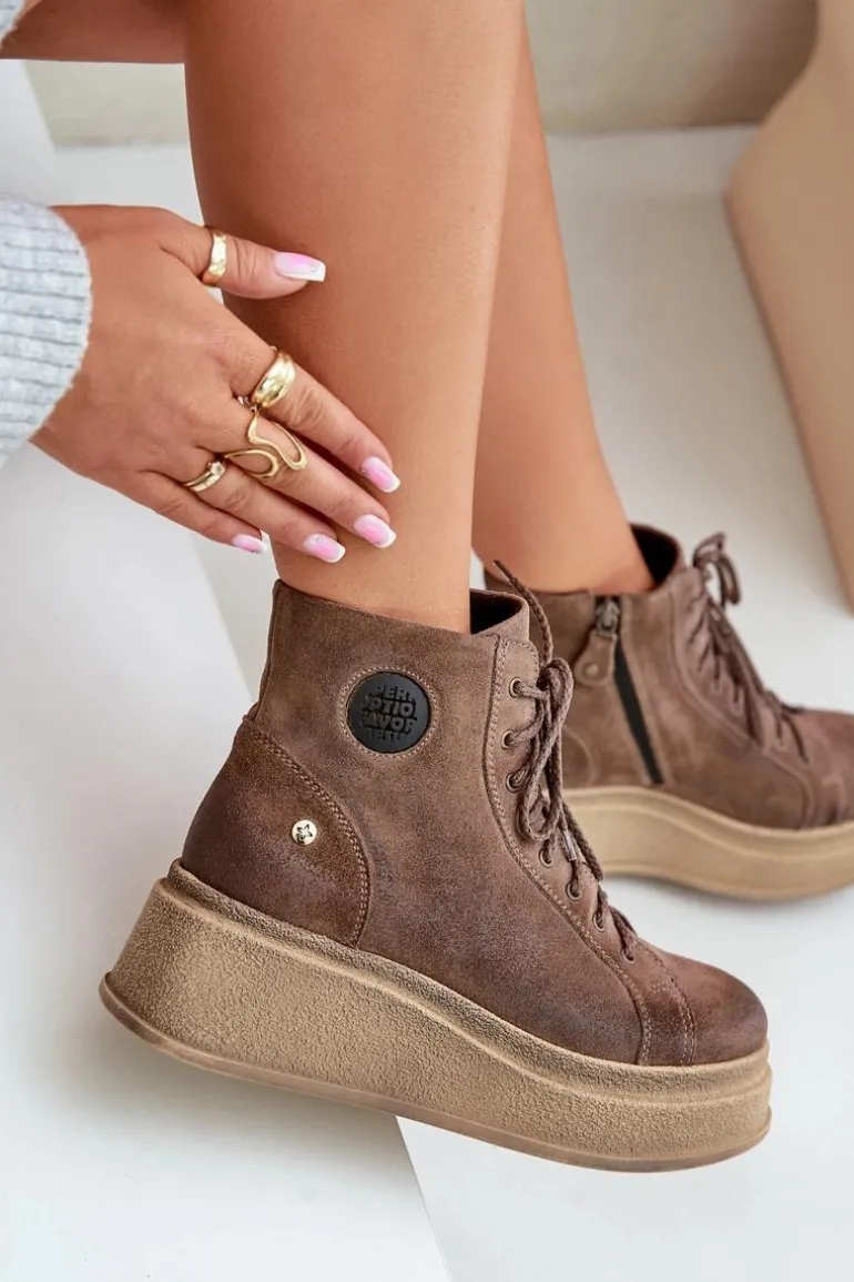 Zamszowe Botki Na Masywnej Platformie Maciejka 06309-02 Ciemnobrązowe