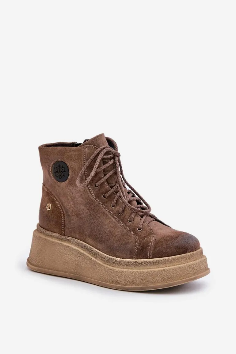 Zamszowe Botki Na Masywnej Platformie Maciejka 06309-02 Ciemnobrązowe