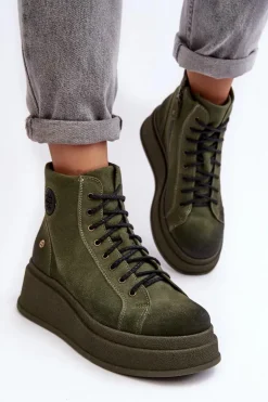 Zamszowe Botki Na Masywnej Platformie Maciejka 06309-24 Oliwkowe