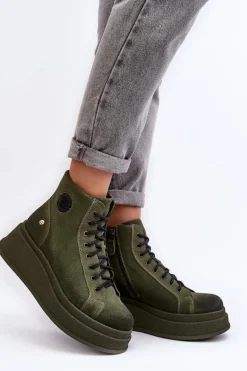 Zamszowe Botki Na Masywnej Platformie Maciejka 06309-24 Oliwkowe