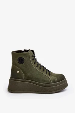 Zamszowe Botki Na Masywnej Platformie Maciejka 06309-24 Oliwkowe