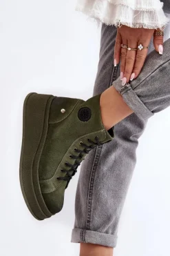 Zamszowe Botki Na Masywnej Platformie Maciejka 06309-24 Oliwkowe