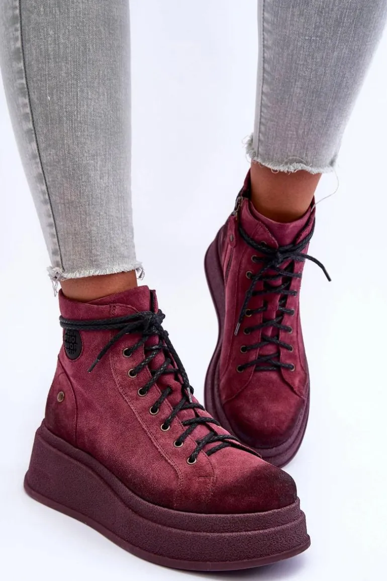 Zamszowe Botki Na Masywnej Platformie Maciejka 06309-23 Bordowe