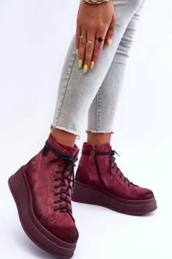 Zamszowe Botki Na Masywnej Platformie Maciejka 06309-23 Bordowe
