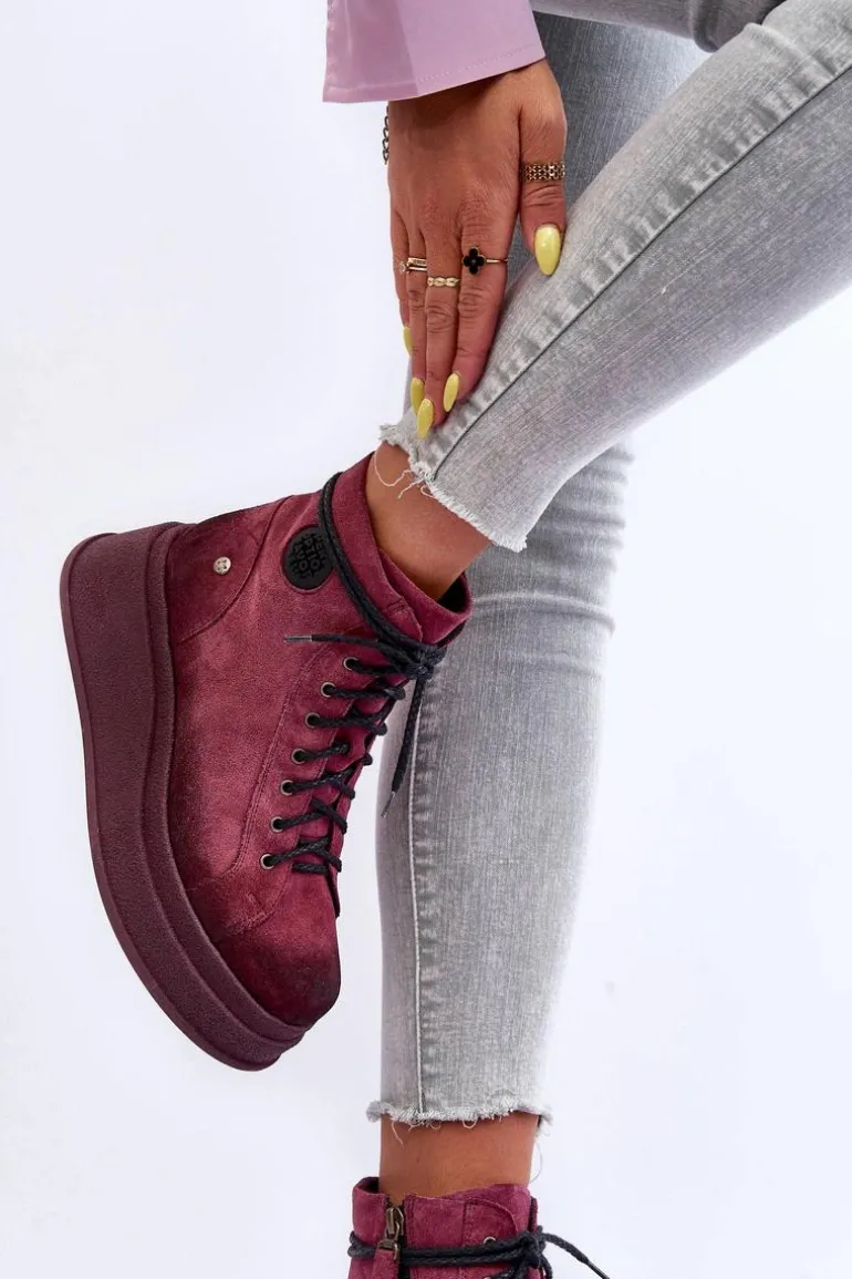 Zamszowe Botki Na Masywnej Platformie Maciejka 06309-23 Bordowe