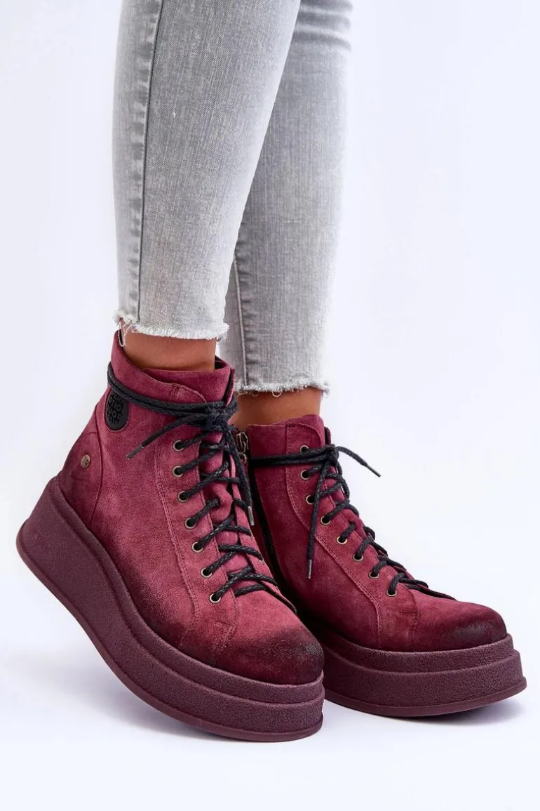 Zamszowe Botki Na Masywnej Platformie Maciejka 06309-23 Bordowe