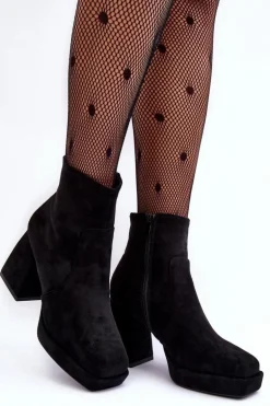 Zamszowe Botki Na Masywnym Obcasie Czarne Abnous