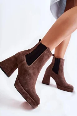 Zamszowe Botki Na Masywnym Obcasie Laura Messi 2519 Brązowe