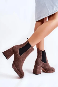 Zamszowe Botki Na Masywnym Obcasie Laura Messi 2519 Brązowe