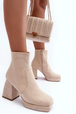 Zamszowe Botki Na Masywnym Obcasie Jasnobeżowe Abnous