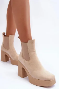 Zamszowe Botki Na Masywnym Słupku Beżowe Sunilda