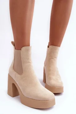 Zamszowe Botki Na Masywnym Słupku Beżowe Sunilda