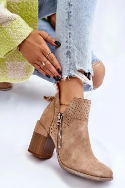 Zamszowe Botki Na Masywnym Obcasie Beżowe Camden