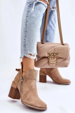 Zamszowe Botki Na Masywnym Obcasie Beżowe Camden